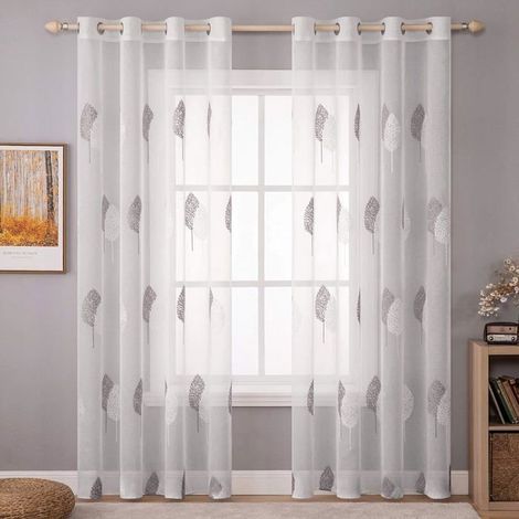 KLVGTIFS PU - Lot de 2 Rideau Salon-Beau avec Motif d'arbre, Caldion Rideaux Voilage à Oeillets, Décoration Rideau Voile, 140x225CM,Gris + Blanc (1/5)