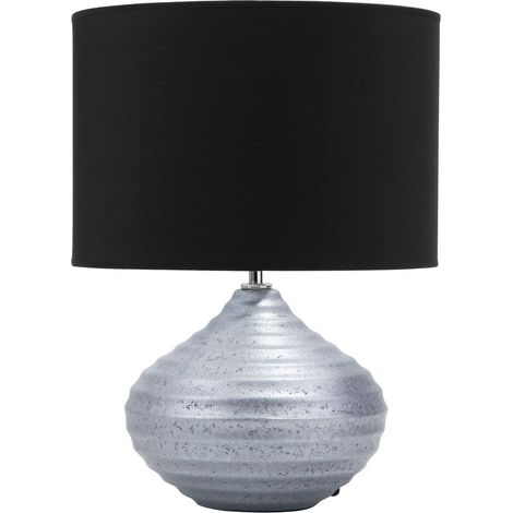 Lámpara de mesa plateada de cerámica 42 cm pantalla de poli algodón negro base acanalada estilo moderno Kuban