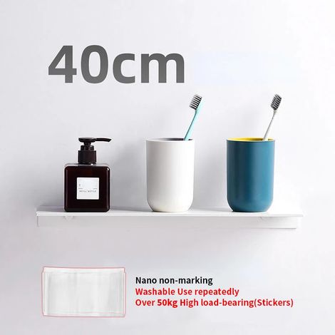 (Blanc - 40 cm) Petite étagère murale flottante blanche sans perçage pour salle de bain, porte-shampoing et accessoires de cuisine. (1/5)