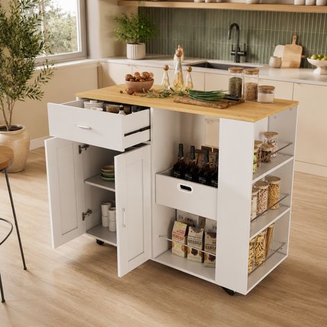 Chariot de cuisine 102×46×92cm, double porte, étagère de rangement mobile avec tiroirs, meuble de cuisine multifonctionnel，roulettes pivotantes, grande capacité, style moderne, Bois, Blanc