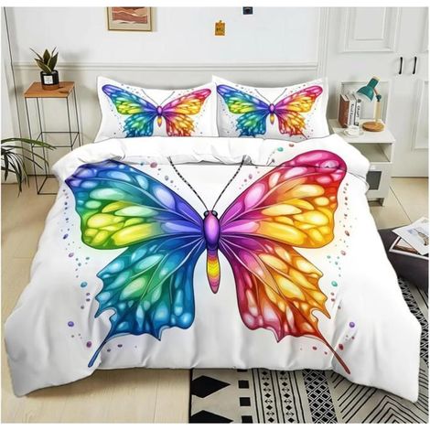 Sets de Housse de Couette 140x200 cm Papillon Coloré Parure de lit Polyester Coton Housse de Couette avec 2 Taies d'oreiller - 0OU (1/4)
