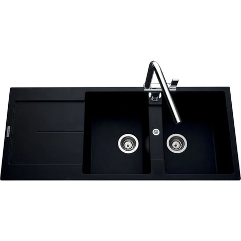 Évier granit noir 116x50 cm – 2 bacs réversibles – Évier à encastrer avec bonde et siphon inclus – Pour meuble sous évier 80 cm minimum – Luisina