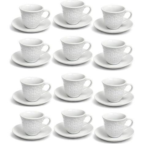 Set 12 tazze per caffè da 80 ml con piattino in porcellana - colore bianco con decoro - Adatte per microonde e lavastoviglie (1/5)