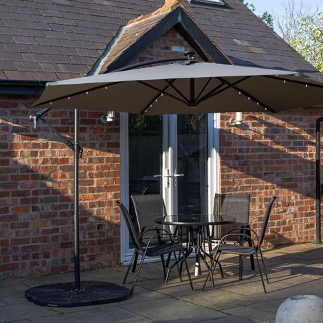 Outdoor 4 Person Round Glass Top Garden Dining Table Chairs With Grey Banana Lit Parasol and Base (1/5)
