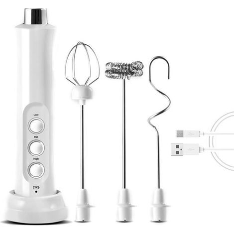 Elektrischer Milchaufschäumer (weiß) mit 3 Geschwindigkeitsstufen – USB-aufladbar – 3 verschiedene Aufsätze (1/4)