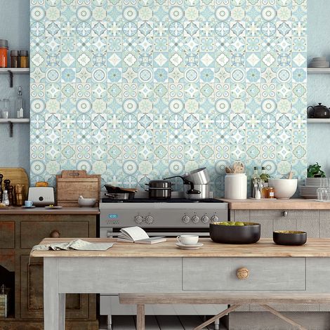 Sticker Mural Carrelage adhésif Cuisine Salle de Bain - 30 STICKERS CARREAUX DE CIMENT AZULEJOS AUDRINA - 30stickers10x10cm (1/5)