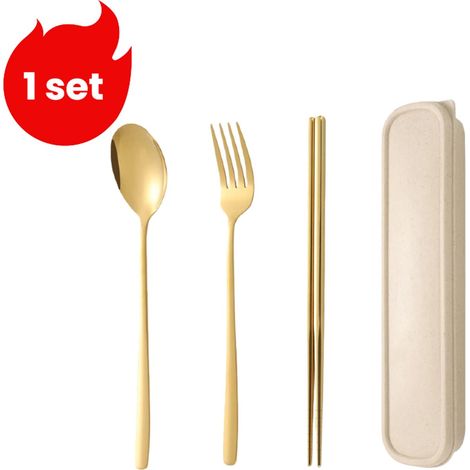 Ensemble de couverts portables 3 pièces en acier inoxydable avec fourchette cuillère et baguettes pour repas en extérieur couleur dorée (1/5)