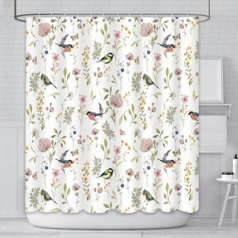 CSPARKV Shower Curtain 180 x 180 cm Floral Bird Plant Grass Pattern Bathroom Curtain Durable Waterproof Polyester with 12 Hooks (1/4)