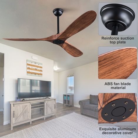 Ventilateur de plafond 132 cm (52 po) sans lumière, 6 vitesses, moteur à courant continu silencieux et inversible, moderne avec télécommande, pour intérieur/extérieur, style rustique, salon et chambre (1/5)
