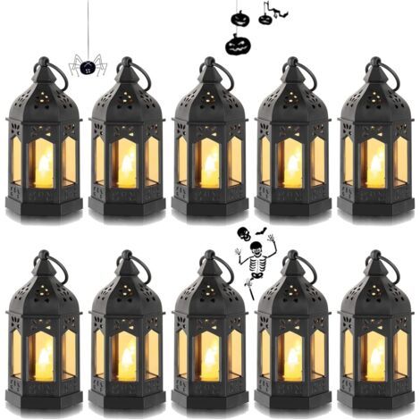 Mini Lanterne LED Exterieur - Lot de 10 Lanterne Bougie Noir Decorative Bougeoir pour Halloween, Ramadan, Mariage, Noel, Decoration de Table, Piles Incluses (1/4)
