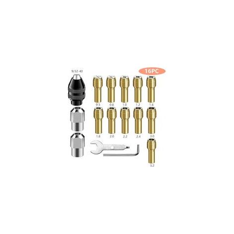 16 Pièces Mandrin Compatible avec, Accessoires pour Outil Rotatif, 0,8mm à 3,2mm Remplacement 4486 Mandrin à Changement Rapide, Remplacement 4485 Pince de serrage en laiton Écrou metal (1/5)