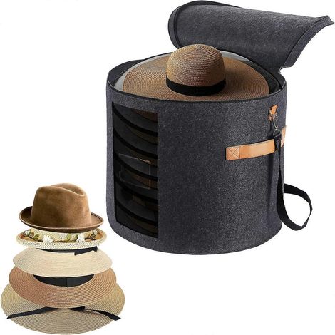 Sac à chapeau rond 19'' pour hommes et femmes, pliable avec couvercle, boîte de rangement pour peluches (gris foncé) (1/4)
