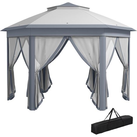 Tente pliante 4 x 3,4 m avec double toit, 6 moustiquaires amovibles et sac de transport anti-UV, grise