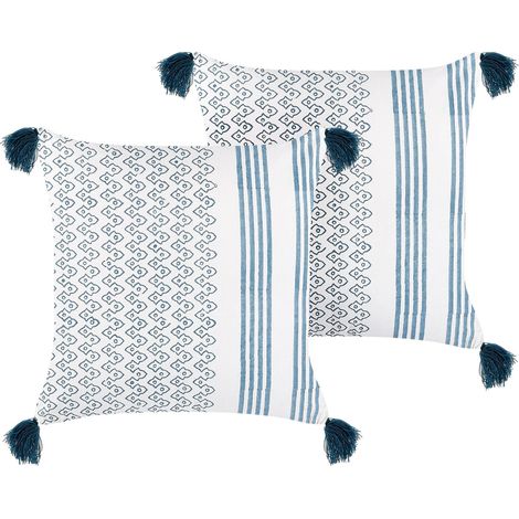 Coussin en Coton Blanc et Bleu 45 x 45 cm à Rayures Texturé et Pompons Tilia