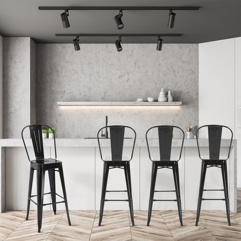 Juego de 4 Taburetes Altos de Cocina de Metal con Respaldo Alto y Reposapiés para Comedor 44x46x116 cm Negro (1/5)