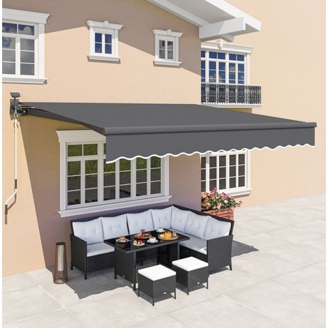 Außenmarkise aus Aluminium grau 395 x 300 cm, Gelenkarmmarkise mit Solar-LED, Handkurbel, UPF50+ und verstellbarer Neigung (1/5)