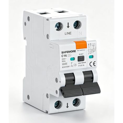 Disjoncteur différentiel RCBO, 1P+N, 16A 30mA, type A Courbe C Disjoncteur différentiel avec protection contre les surcharges et les courts-circuits, 6kA, montage sur rail DIN (1/5)