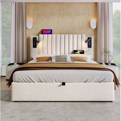 Doppelbett mit Bettkasten 160x200 USB Leselicht Beige OKMYHOME (1/5)