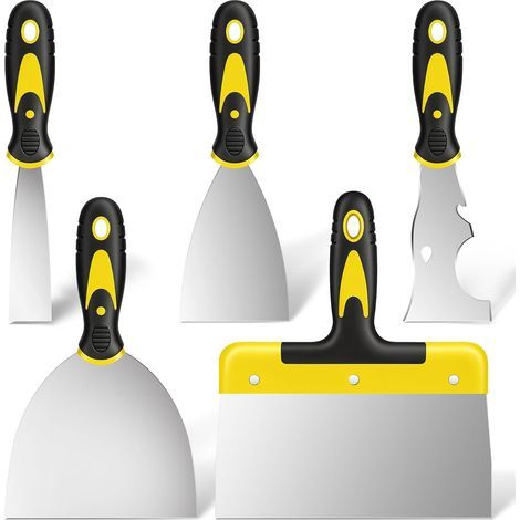 Set of 5 Stainless Steel Scrapers, Blades 4 to 25 cm, Rubber Handle, For Plaster and Paint (1/5)