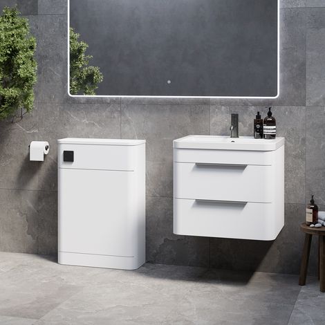 Oslo Gloss White 1150mm Wall Mounted Vanity Unit Toilet Suite with Anya Basin - 1150mm - Gunmetal Grey 300mm Finger PullWithout Jubilee Toilet Pan