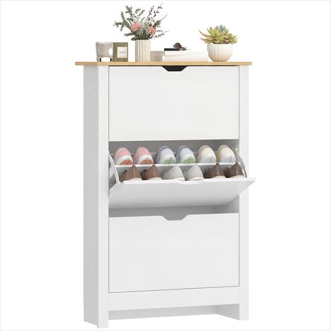 Meuble à chaussures 3 portes abattantes étroit blanc chêne Bois (1/5)