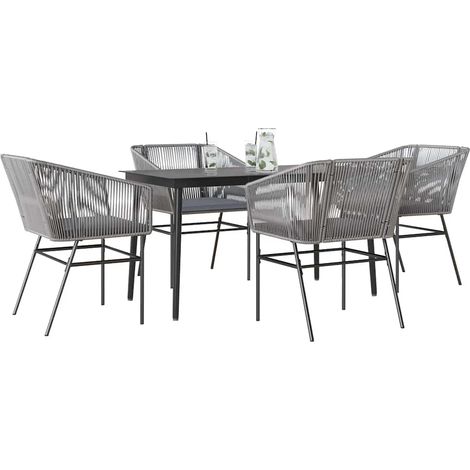 Ensemble à manger jardin coussins 5 pcs-Salon de jardin gris poly rotin verre 649394 (1/5)