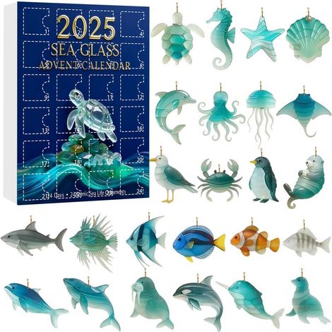 Calendrier de l'Avent de Noël en verre de mer avec animaux, boîte surprise, 24 breloques plates en acrylique à suspendre, décorations pour sapin de Noël, coffret cadeau compte à rebours des fêtes (1/5)