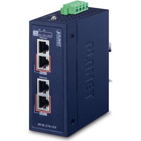 Iniettore PoE++ industriale Planet IP30 a 2 porte 2.5GbE/5GbE, ipoe-270-12V
