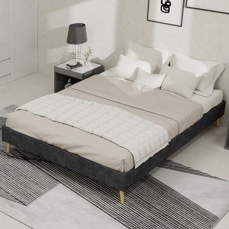 Lit avec rangement 140x200 cm en tissu gris et métal, tête de lit capitonnée forme cartoon, sommier inclus (1/5)