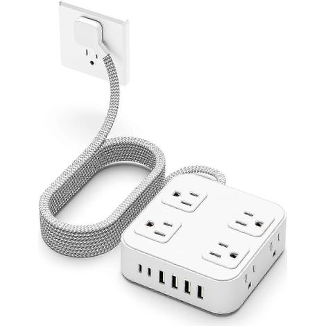 Câble d'extension plat ultra-mince, 1,5 mètre, multiprise mince, avec port USB (1 port USB-C), chargeur mural à fiche plate anti-surtension avec 3 prises, adapté à une utilisation au bureau. (1/5)