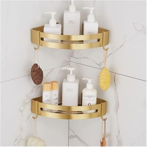Estantes flotantes de esquina para baño - Estante de pared de aluminio cepillado color oro para champú, cosméticos, gel de ducha - Oro cepillado, 2 piezas (1/3)