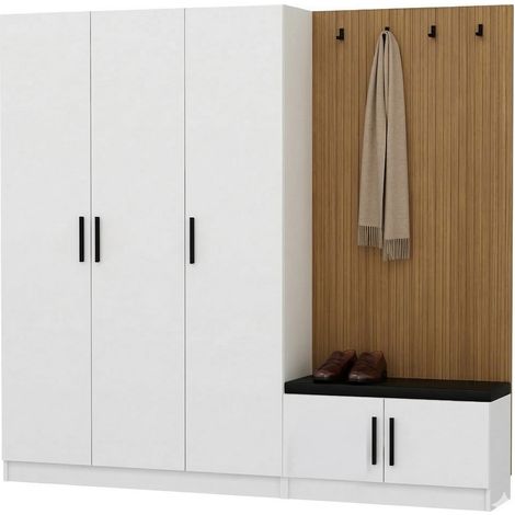 Mueble de Entrada Tolfa, 7 Estantes, Perchero, 5 Puertas, 225x35x210h cm Blanco