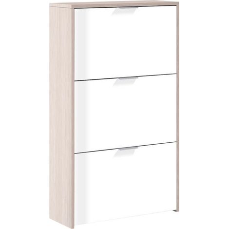 Zapatero Multiestancia Estilo Nórdico en Color Blanco Brillo y Toble Claro con 3 Trampones 113x60x22 cm (1/10)