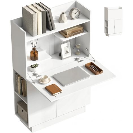 Bureau d'ordinateur - HOMCOM - design pliant avec plateau rabattable, étagères et placard - bois - 80x30x128cm - blanc