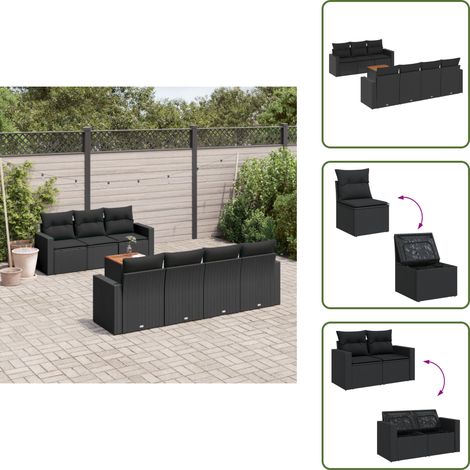 The Living Store 8-tlg. Garten-Sofagarnitur mit Kissen Schwarz Poly Rattan - Gartenmöbel - Esszimmergarnituren - Outdoor Möbel - Lounge Set - Rattan Gartenmöbel