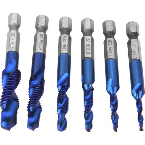 Set di 6 maschi composti M3-M10 – gambo esagonale in HSS – alluminio / ferro / metalli teneri – blu