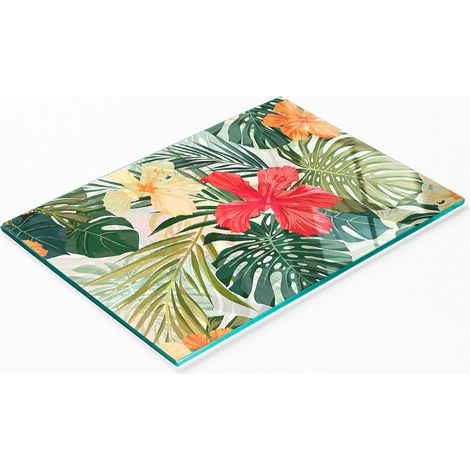Tabla de cortar y servir decorativa de vidrio con dise帽o de flores hawaianas, 80x52 cm.