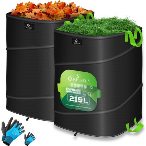 KESSER® Pop-Up-Gartensack Laubsack Gartenabfallsack inkl. Handschuhe Selbststehend mit Griffen Stabil Robust & Faltbar Schwarz / Hellgrün, 2x 219 Liter