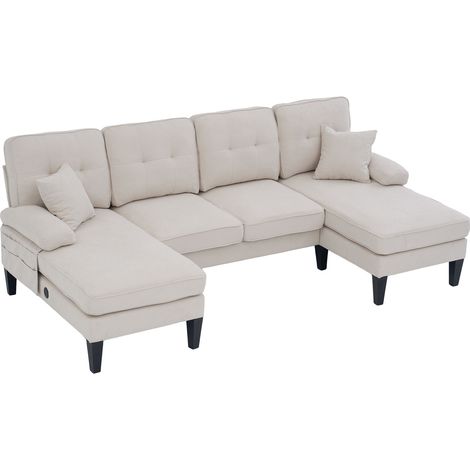 CHICFURN Sofá en U de 4 plazas 250x130 cm, lino beige, 2 chaise longue y USB Type-C (1/5)