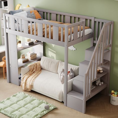 Lit mezzanine enfant 90x200 cm, escalier rangement, nombreux grands compartiments, bois, gris, fonctionnel, junior (sans matelas) (1/5)