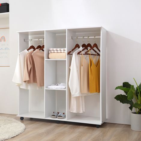 Armoire à roulettes avec 2 barres et 3 étagères ouvertes, en bois et aluminium, 120x40x128 cm, Blanc (1/5)