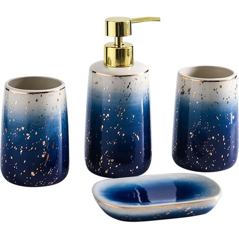4 Pièces - Ensemble Accessoires Salle de Bain - Céramique - Porte Savon Distributeur Gobelet - Design Moderne Pour Famille Hôtel - Bleu (1/5)