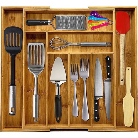 Bambus Besteckkasten Besteckeinsatz Besteck Kasten Küchenbesteck ausziehbar 34×43-50×5cm