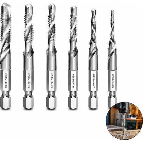 6PCS Forets Taraudeurs Combinés M3 M4 M5 M6 M8 M10 avec Tige Hexagonale, Tarauds pour Perçage et Filetage, Taraud M6 Inclus, Foret Multifonction pour Métal Bois Plastique, Kit Taraudage (1/5)