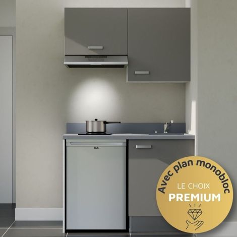 Kitchenette K01L - 120 cm - plan monobloc évier intégré Cromo- évier à droite - Façades Gris + Electroménager inclus coloris Inox (1/5)