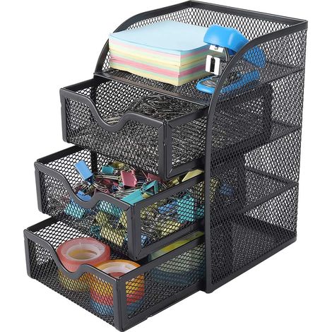 Schreibtisch-Organizer mit 3 Schubladen, schwarz Metallgitter, für Büromaterial und Haftnotizen (1/5)