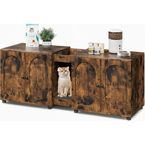 Meuble cache-litière double 140 cm pour 2 chats - Portes effet rotin - Ventilé, facile à nettoyer - Rangement intégré + tapis, marron rétro, sans vigne (1/5)