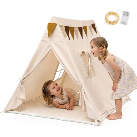 Zelt Tipi - MAMABRUM - Beige Tipi - Beige - Bodenmatte 120 x 120 cm - LED-Lichterkette 4 m (1/5)