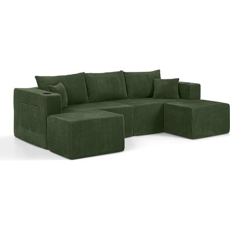 Canapé d’angle modulable 3 places en L en velours côtelé vert avec 2 poufs mobiles MODENUIT (1/5)