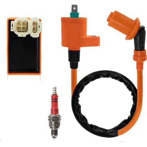 Kit de modification GY6/50CC/125CC/150CC en 3 pièces : bobine d’allumage haute tension orange, bougies d’allumage A7TC